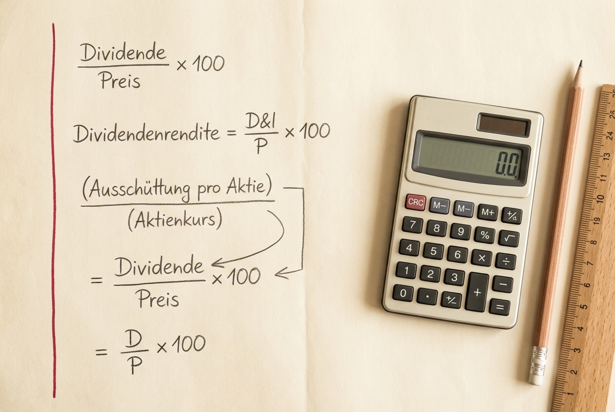 Taschenrechner und Bleistift neben einer Aktien-Kennzahlen-Tabelle