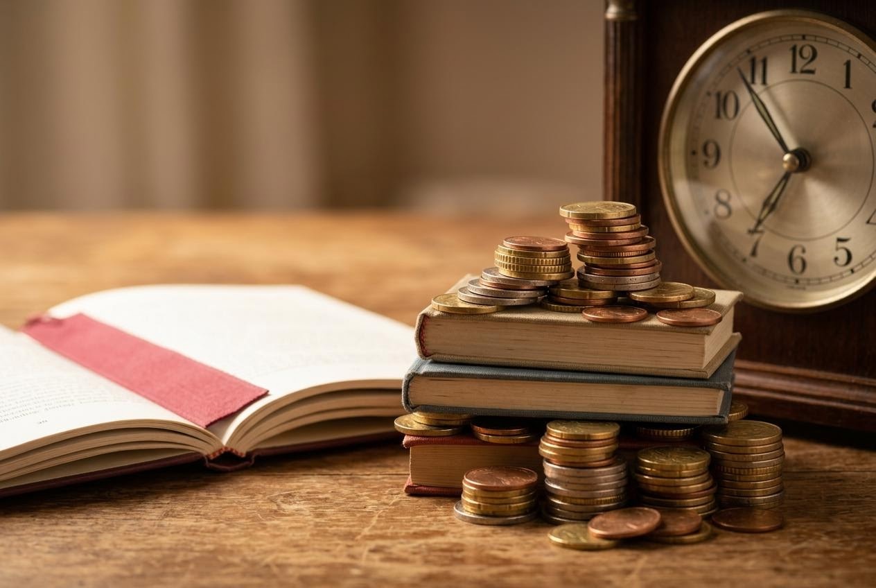 Wachsender Stapel Münzen neben aufgeschlagenem Buch